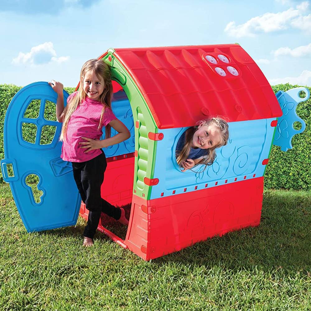 A moulded plastic cubby house with a sunroof and opening windows