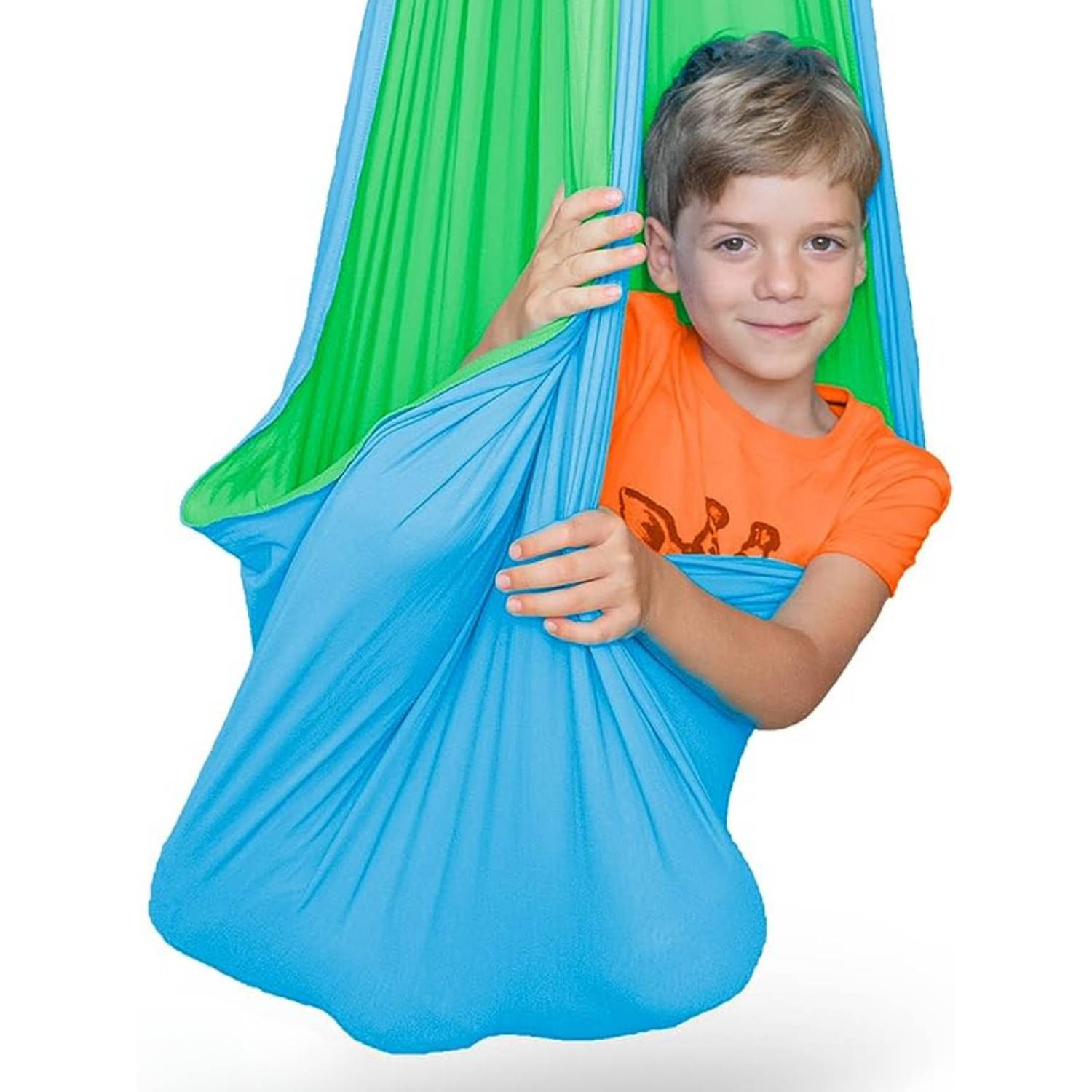 A cotton sensory cuddle swing hammock hanging indoors